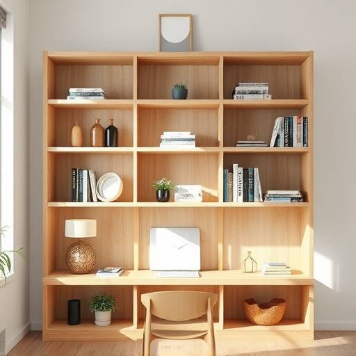 En moderne reol i lys tre med asymmetriske hyller og et minimalistisk design. Reolen står i et arbeidsrom med bøker og dekorative gjenstander, og gir et organisert og stilfullt uttrykk.