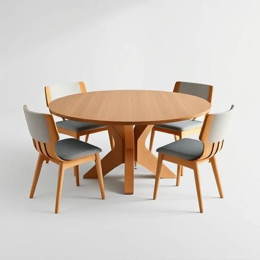 Et rundt spisebord i massiv eik med plass til seks personer, omkranset av minimalistiske stoler i ulike farger.