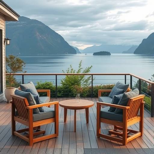 Et sett med moderne utemøbler i lyst tre og grå puter, plassert på en terrasse med utsikt over fjorden. Settet består av en sofa, to lenestoler og et lite bord, og gir en innbydende og komfortabel utendørs sitteplass.