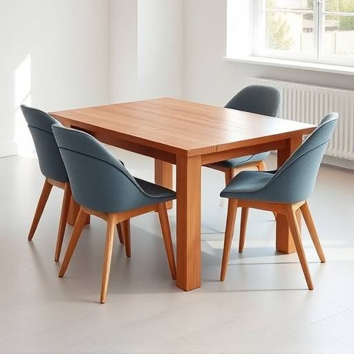 Et stort, rundt spisebord i massiv eik, omkranset av seks stilrene, polstrede stoler i forskjellige nyanser av grått og blått. Bordet står i et lyst rom med minimalistisk innredning.